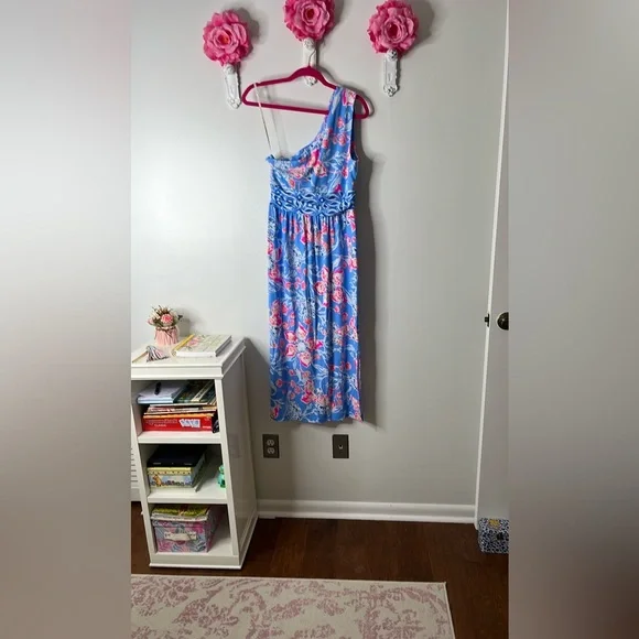 Lilly Pulitzer Helina One Shoulder Midi Blue Dress in Bahamian Rhapsody Swim, M. - Picture 14 of 14